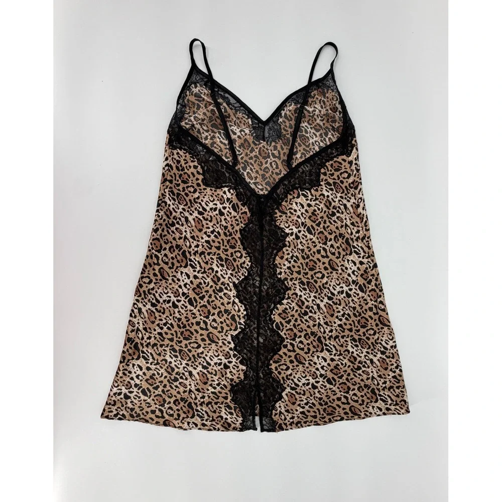 Victoria's Secret Leopard Print Satin Lace Trim Slip Dress Chemise Medium